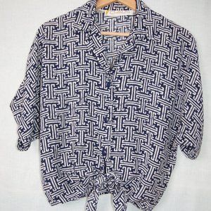 Vintage Tie-front Button-down Blue & White Batik Print Blouse Women's Medium